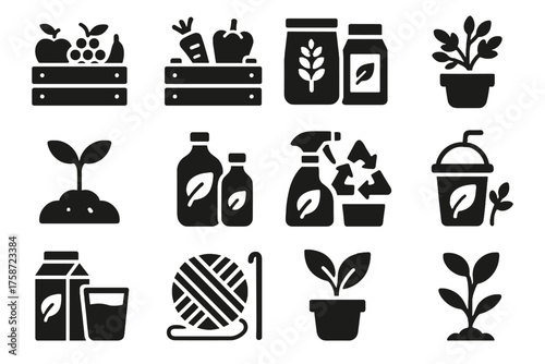 Herbs seedlings friendly icon items grains bottles vector alternatives eco fibers products