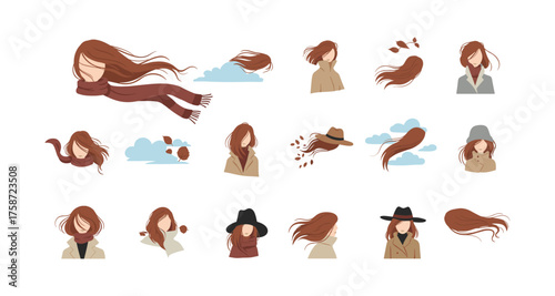 Autumn fashion with windblown hair and accessories in minimalist style