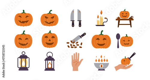 Halloween icons set with pumpkins, lanterns, and kitchen tools for festive decor
