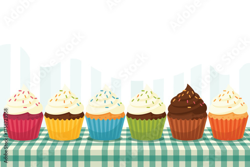 Assortment of colorful frosted cupcakes lined up on a checkered tablecloth