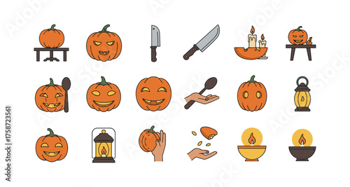 Halloween pumpkin and jack-o'-lantern icons with candles and lanterns in flat style
