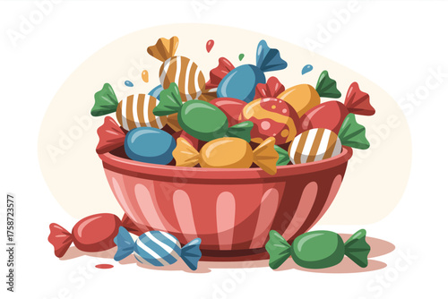 Bowl overflowing with colorful wrapped candies and scattered sweets