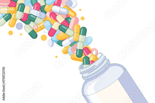 Colorful capsules pouring out of a white bottle against a white background