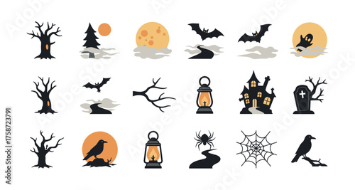Halloween icons set: spooky elements including haunted house, bats, and lanterns with moonlit backgrounds