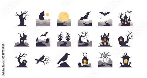 Spooky halloween silhouette elements: trees, bats, and haunted houses