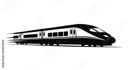 Sleek high speed train illustration in black and white moving fast