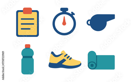 Flat design fitness icons set: whistle, stopwatch, and gear essentials