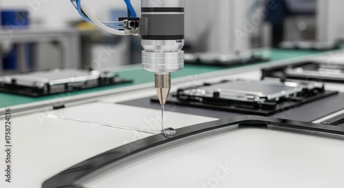 Automated robotic arm precisely applying adhesive to a smartphone frame in a modern manufacturing facility, ensuring quality