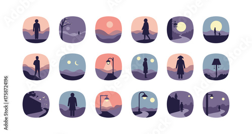 Sunset silhouettes along serene pathways in minimalist design