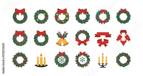 Festive christmas wreaths collection with decorative bows and candles