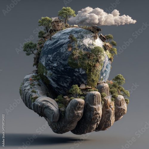 Fantasy 3D rendering of planet Earth held in a giant hand with forests, small houses, and clouds. Symbolic eco concept perfect for climate, sustainability, and creative projects
