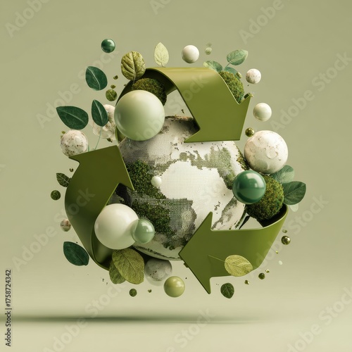 3D illustration of the Earth surrounded by green recycling arrows and leaves. Perfect for eco campaigns, environmental branding, and sustainability design