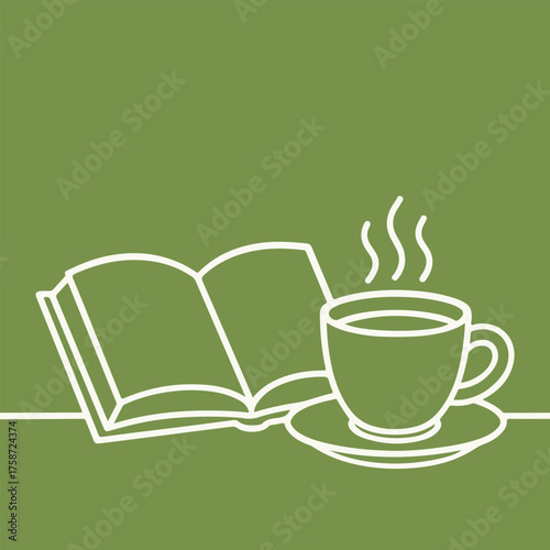 book and tea frame with empty space for text on colorful background