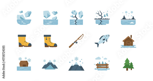 Winter adventure icons: ice fishing, hiking boots, snowy cabin, and more
