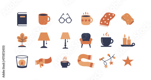 Cozy autumn icons featuring coffee mugs, scarves, and warm decor elements