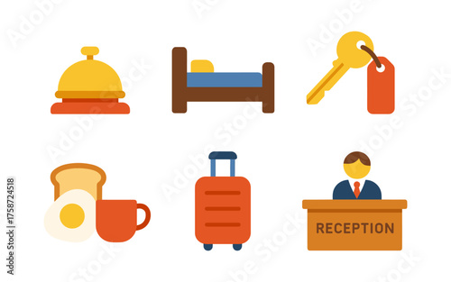 Flat hotel icons: bell, bed, key, breakfast, luggage, reception desk illustrations