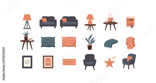 Cozy living room elements in flat design style