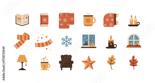 Cozy winter icons set featuring books, warm drinks, candles, and seasonal decor in a flat style
