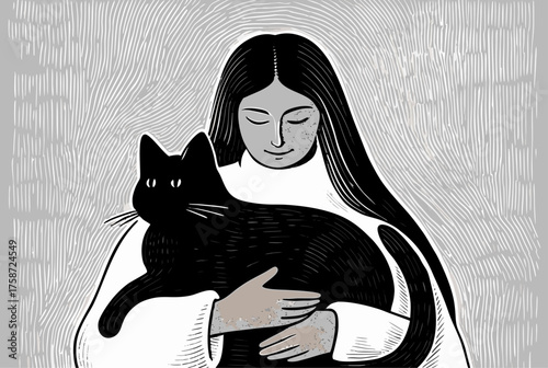 Young Woman Embracing Black Cat - Cozy Home Portrait