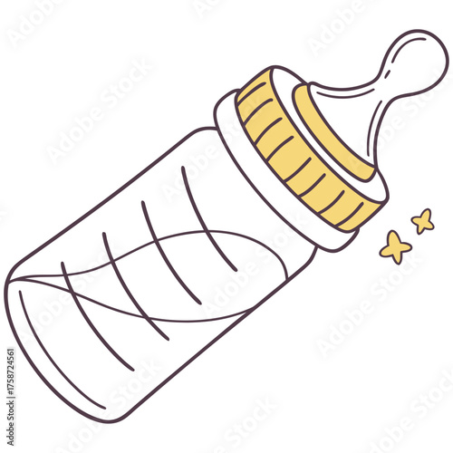 A tiny baby bottle, ready for feeding, symbolizes the innocence and purity of newborn life, with a light blue and yellow design against a clean white background.