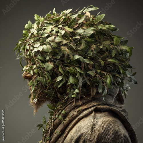 Surreal portrait of a human figure covered with leaves, blending nature and humanity. Perfect for eco, fantasy, or conceptual projects