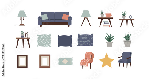Modern minimalist home decor elements collection in flat style