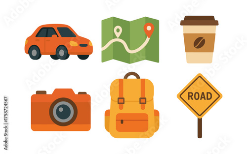 Travel essentials: car, map, coffee, camera, backpack, road sign icons