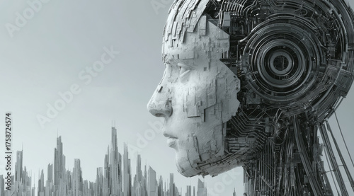 Conceptual 3D illustration of a futuristic AI head with mechanical structures facing a digital city. Ideal for technology, innovation, and sci-fi projects
