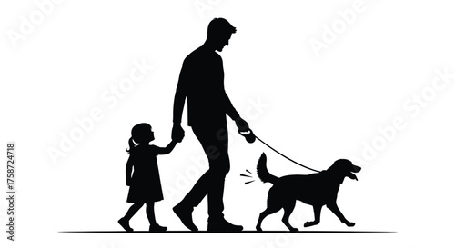 A father daughter and dog walking together in silhouette form