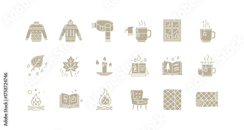 Cozy autumn icons: sweaters, warm drinks, and fall leaves for seasonal designs