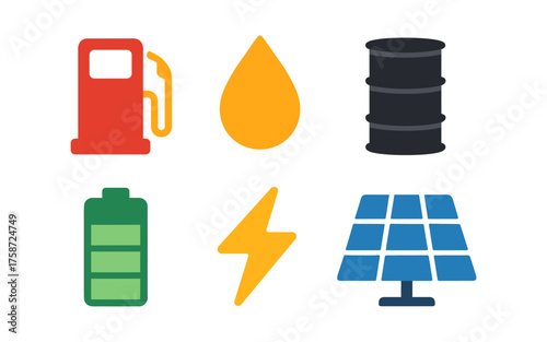 Energy icons: fuel, oil, solar power, and battery symbols for renewable and fossil resources