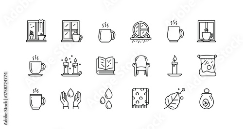 Cozy home icons: warm drinks, relaxation, and comfort in linear line art style