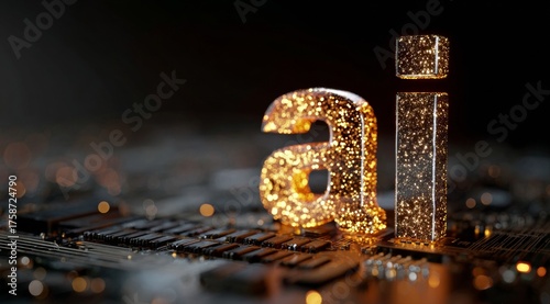 3D glowing golden “AI” letters placed on a dark electronic circuit board. Modern technology concept, perfect for artificial intelligence, data, and innovation themes
