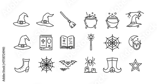 Halloween witchcraft icons collection featuring spiders, cauldrons, and broomsticks in linear style