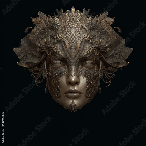 Highly detailed fantasy mask with ornamental patterns and organic shapes on a dark background. Perfect for fantasy, concept art, or editorial use