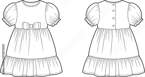 Girl dress technical sketch, puff sleeve fashion drawing, ruffle hem garment design, waist bow detail template, flat vector illustration