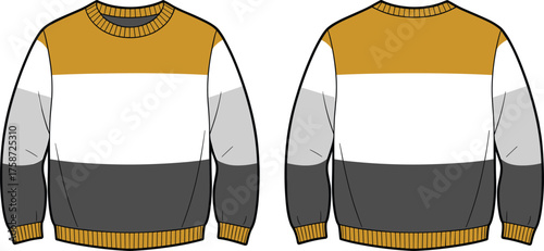 Color block sweater, mustard yellow knitwear, casual fashion, winter clothing, trendy pullover, stylish apparel, cozy outfit, flat vector illustration