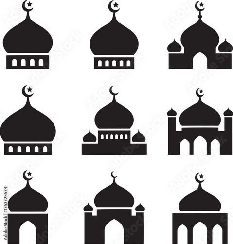 Islamic Mosque Architecture Silhouette Set - Vector Masjid Dome and Minaret Icons