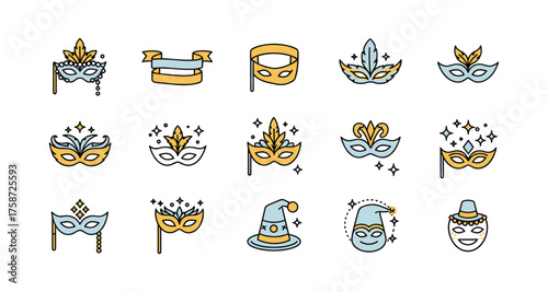 Colorful mask collection: festive icons featuring carnival and masquerade styles