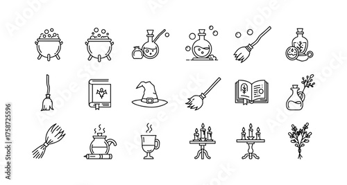 Magical potion icons collection: witches' tools and spooky elements in line art