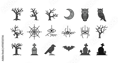 Halloween icons featuring spooky trees, moon, owl, and creepy symbols in a linear style