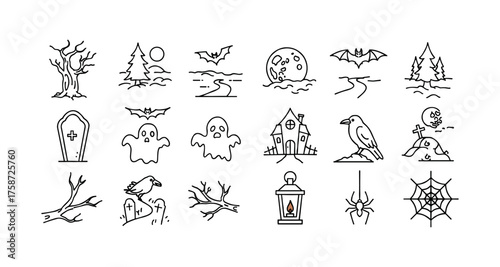 Spooky halloween line icons including ghosts, bats, and haunted houses