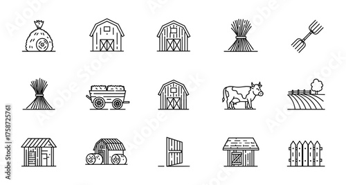 Farm icon set featuring barns, hay bales, tools, and animals in linear style