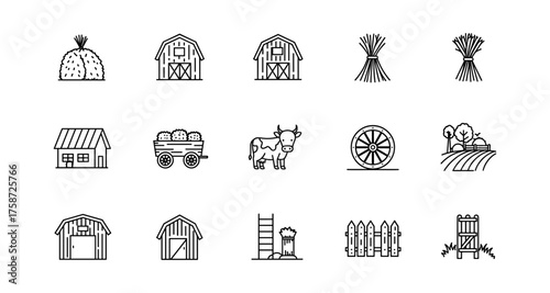 Set of linear farm icons featuring barns, crops, and farm animals