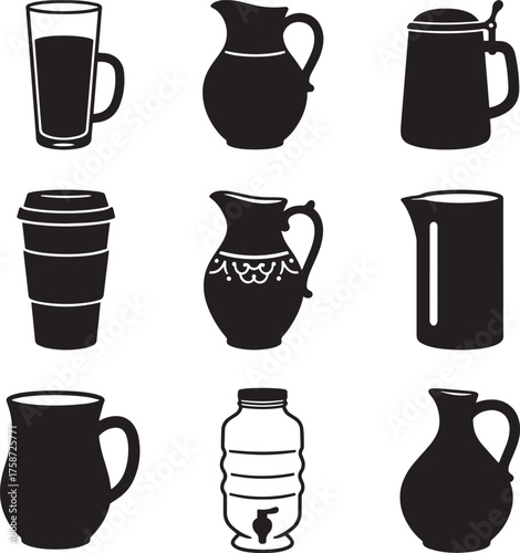 Pitcher and Drinkware Silhouette Collection - Vector Liquid Container Icons
