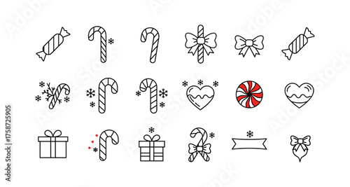 Festive candy cane and gift icons in minimalist christmas style