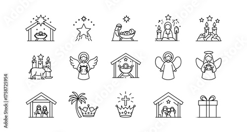 Christmas nativity icons set featuring angels, manger, magi, and symbols