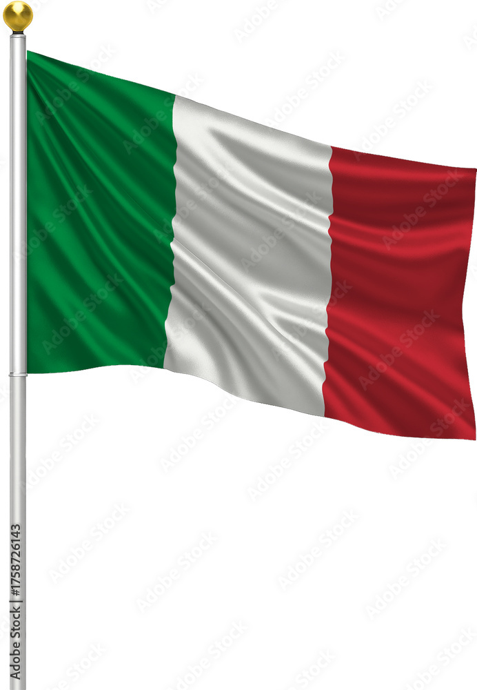 Obraz premium Realistic Italy Flag Waving on Pole with Silk Fabric Texture, 3D Render Isolated on Transparent Background
