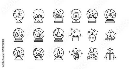 Minimalist line art snow globe and winter icons collection for festive decoration
