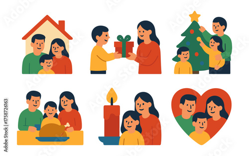 Family holiday festivities: celebrating traditions and togetherness in flat design
